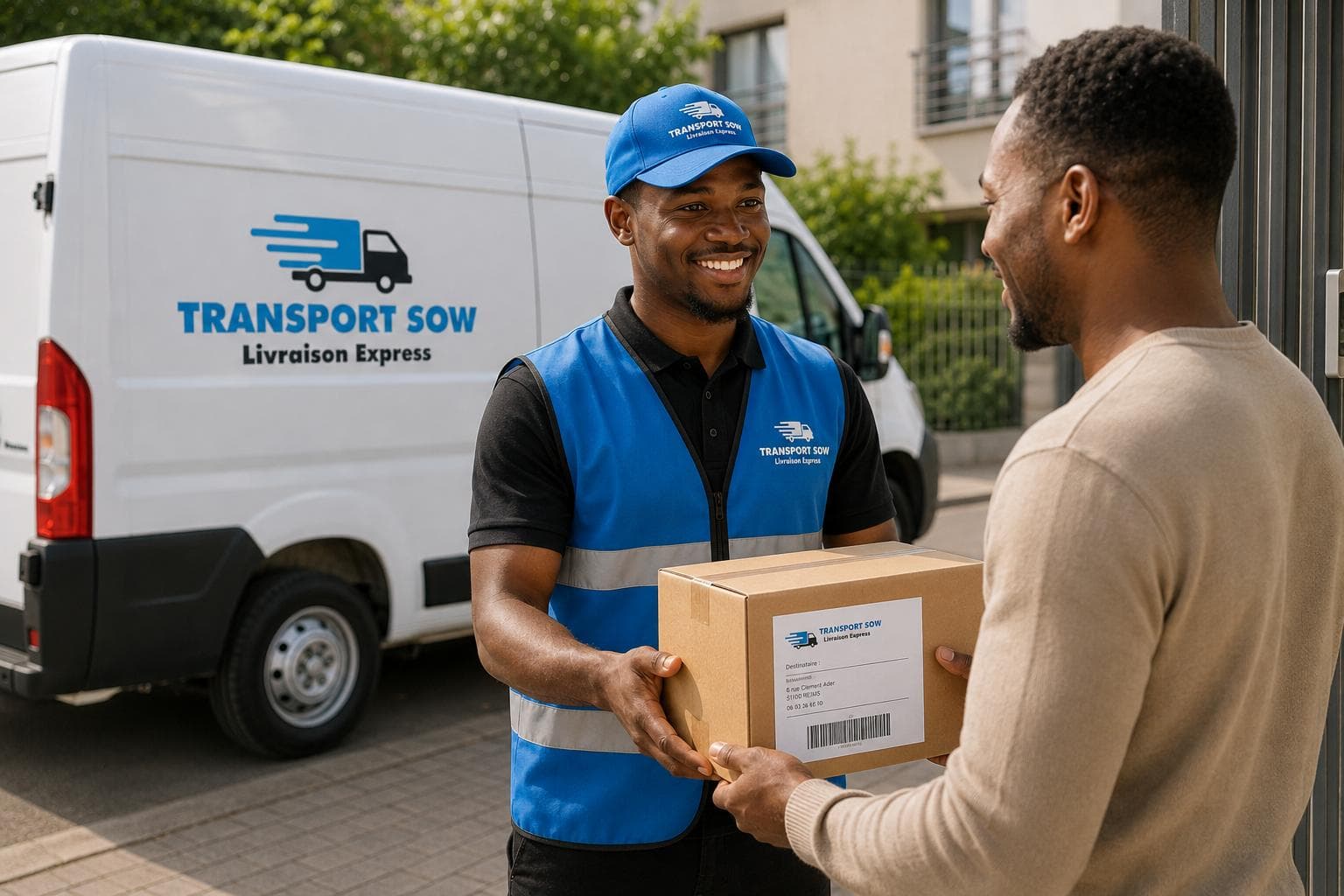 Livreur Transport Sow remettant un colis